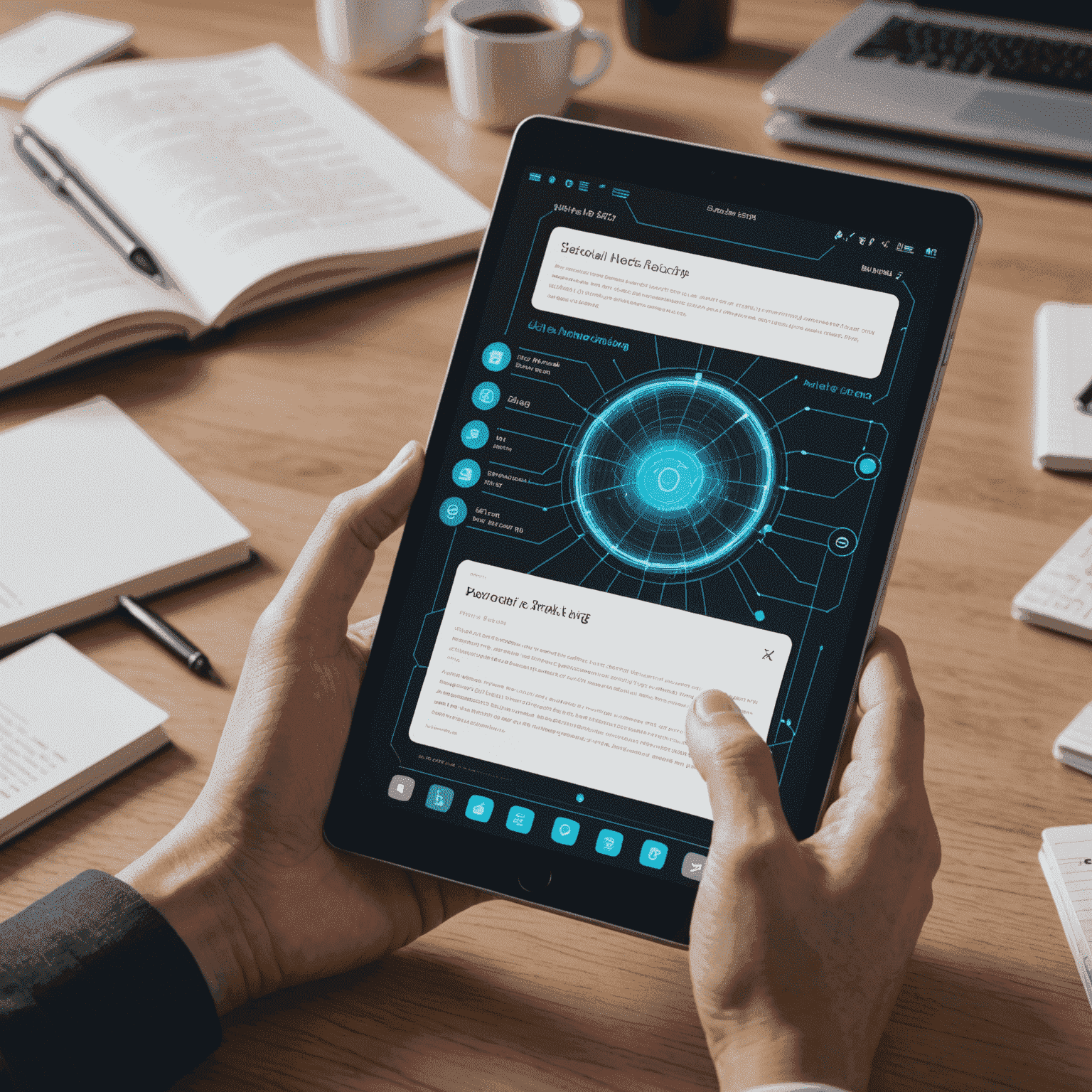 A futuristic interface showing an AI-powered note-taking application with floating text and holographic icons