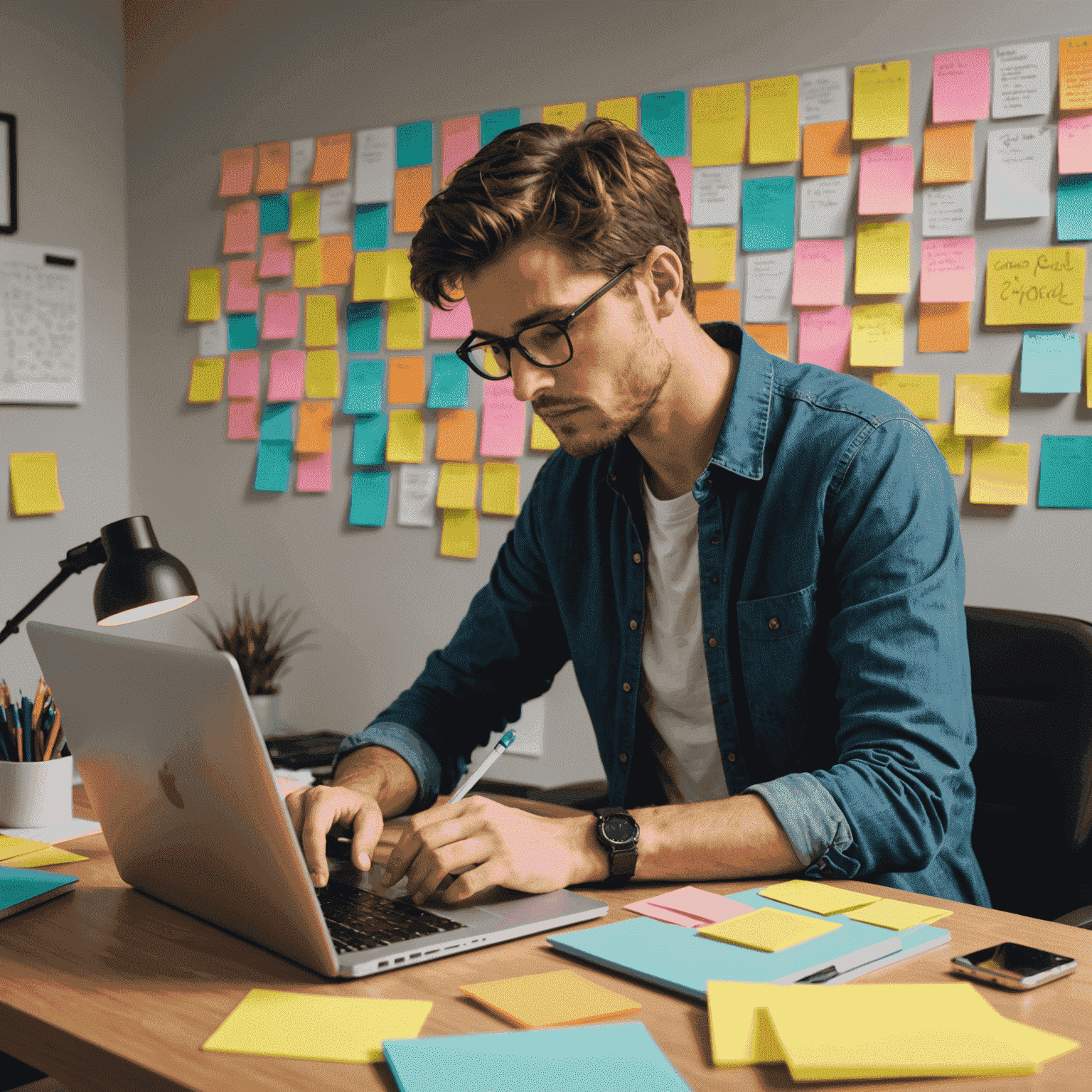 A person efficiently using notsai's note-taking app on a laptop, surrounded by organized sticky notes and a clean workspace