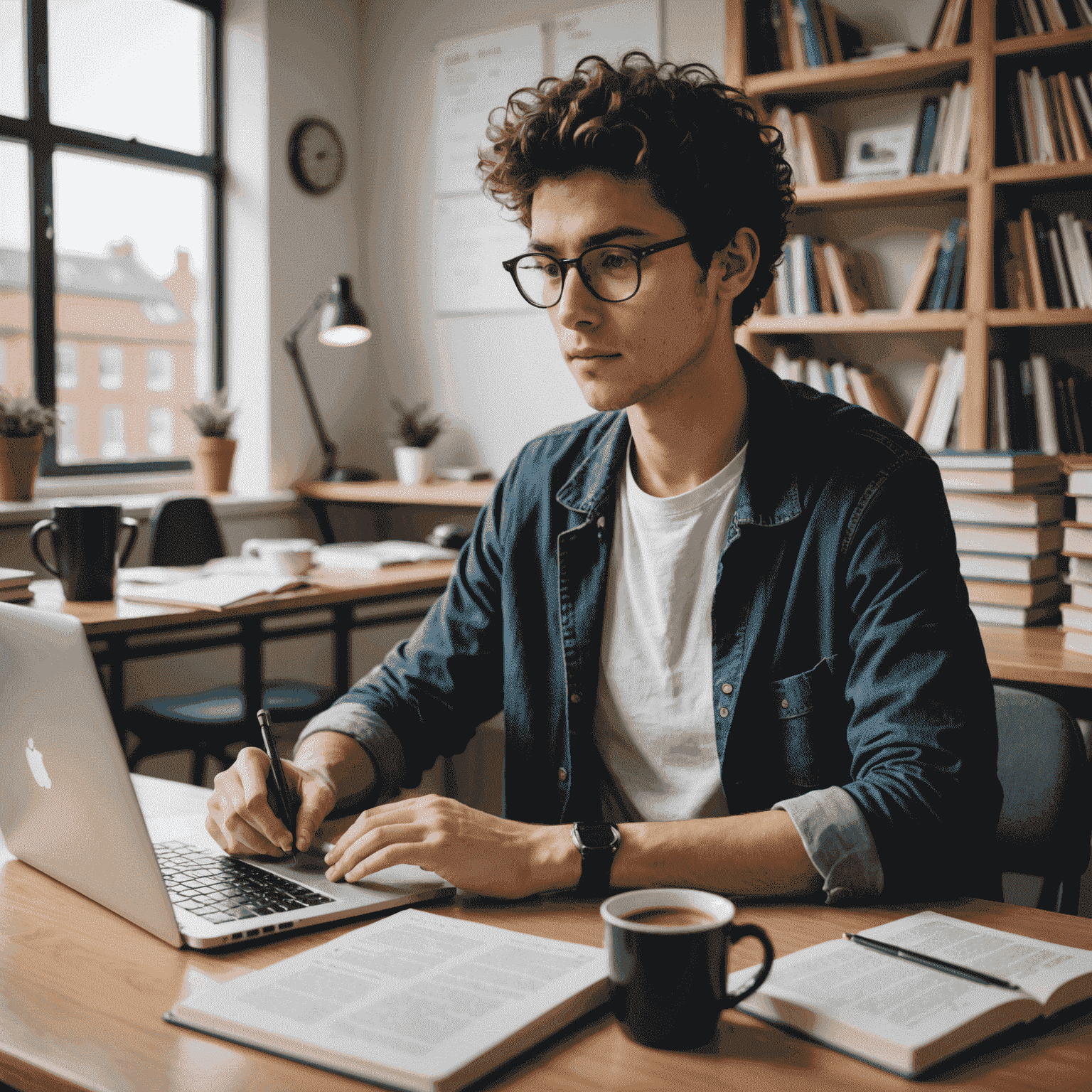 A student sitting at a desk, using a laptop with notsai open, surrounded by textbooks and a cup of coffee. The student looks focused and organized.