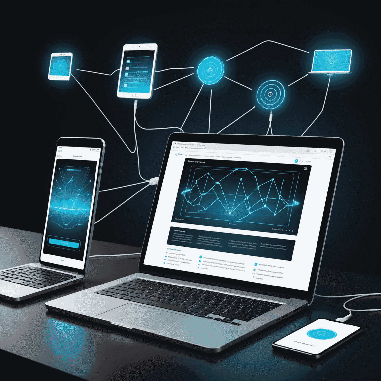 Illustration showing seamless synchronization between a laptop, smartphone, and tablet. The devices are connected by glowing lines, symbolizing real-time data transfer. Each device displays the same notebook interface with identical content, emphasizing the cross-device functionality.