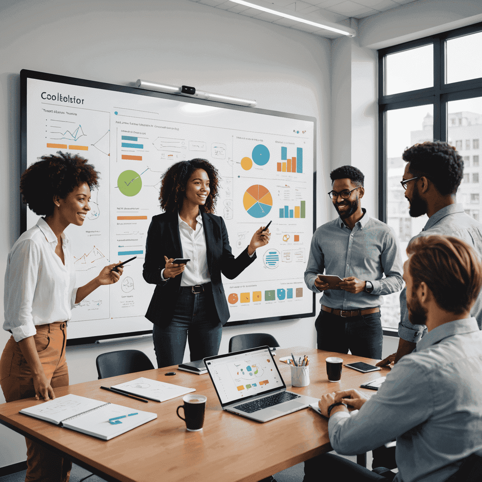 A group of diverse people collaborating on a digital whiteboard, sharing ideas and notes in real-time. The image showcases various collaboration tools like shared documents, task lists, and chat features.