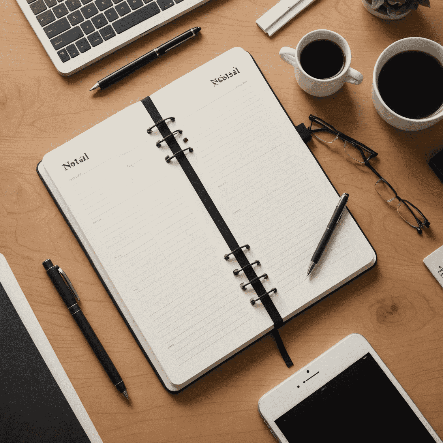 A series of organized notebooks, digital devices, and productivity tools showcasing notsai's note-taking features