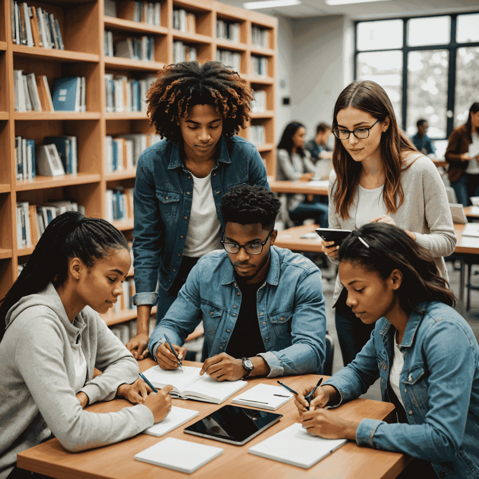 A group of diverse students collaboratively using NotSAI on various devices in a modern library setting. They are seen organizing study notes, sharing ideas, and accessing information seamlessly.
