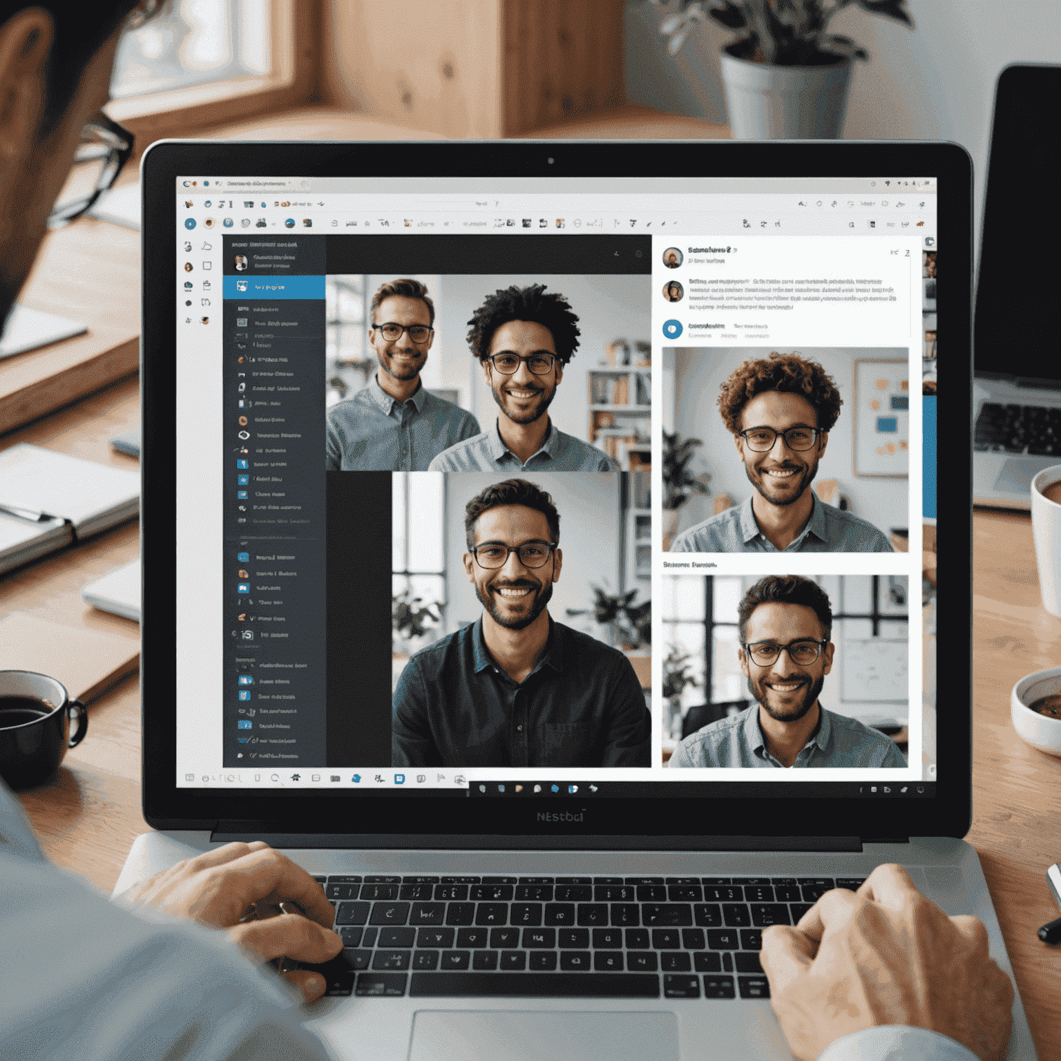 A split-screen view showing multiple users editing a shared document, with profile pictures and cursors visible to indicate real-time collaboration.