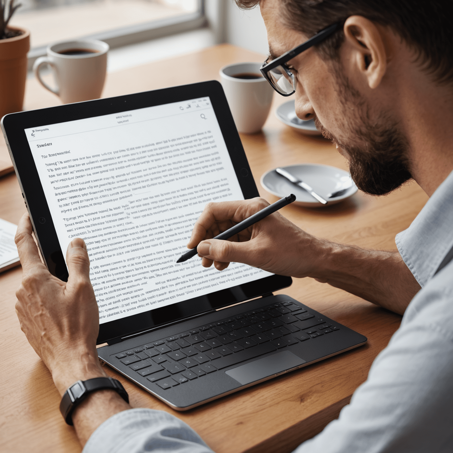 A person with visual impairment using a voice-to-text feature on a tablet, with floating text appearing on screen
