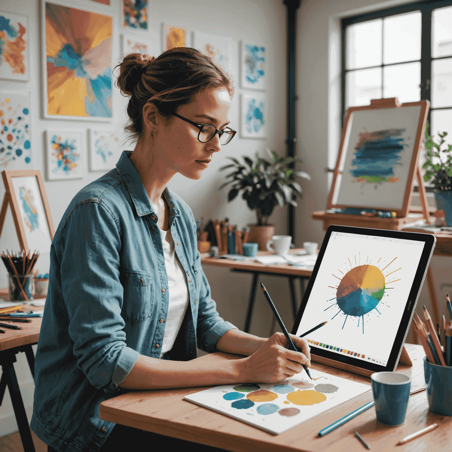 An artist in a bright studio, using notsai on a tablet to sketch ideas and take notes. The studio is filled with colorful artworks and supplies.