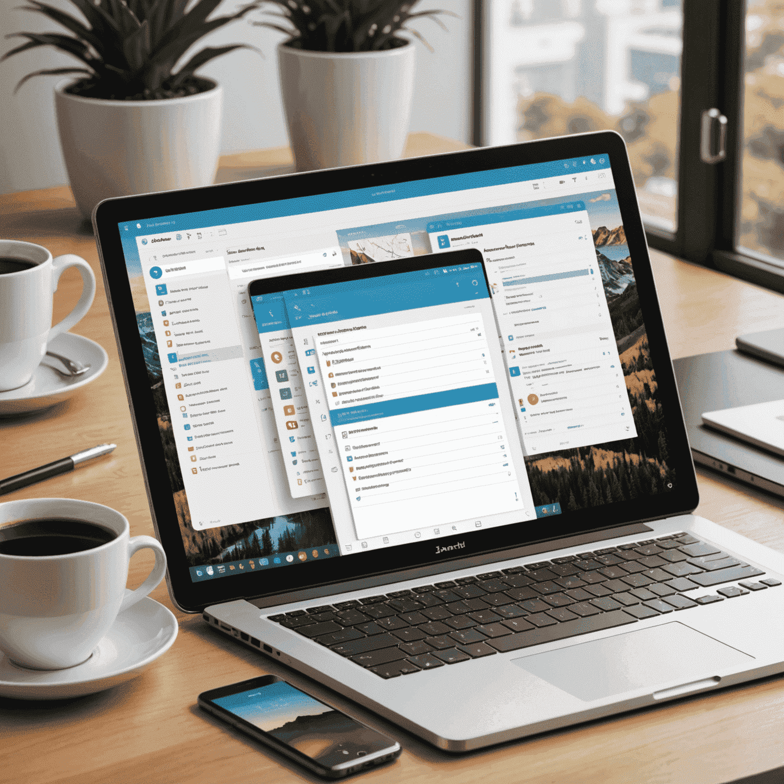 Multiple devices (smartphone, tablet, laptop) displaying the same note or task list, with sync icons connecting them. The interface is consistent across devices, showcasing the seamless synchronization feature.