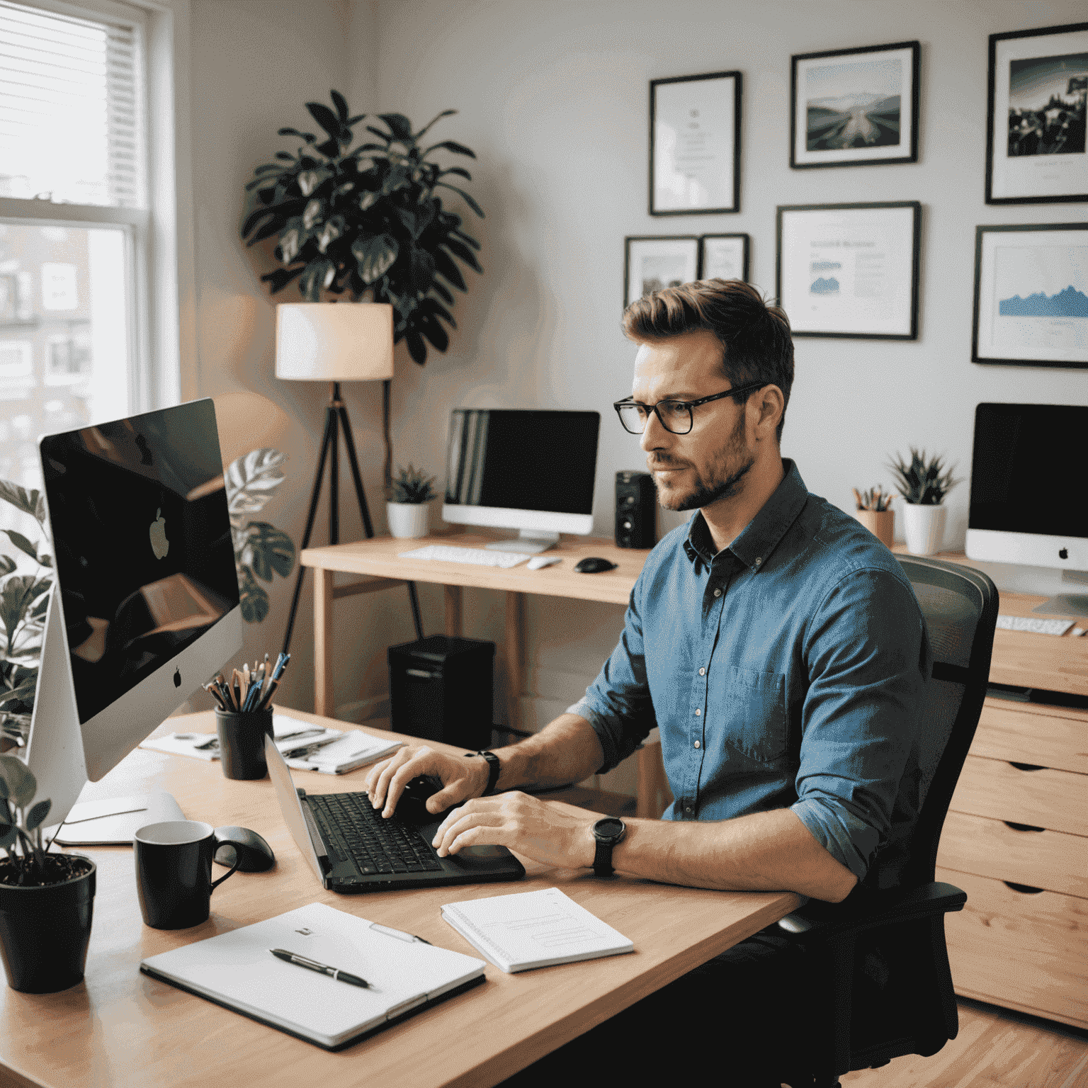 An entrepreneur working from a home office, using notsai on multiple devices. The space looks organized and efficient.