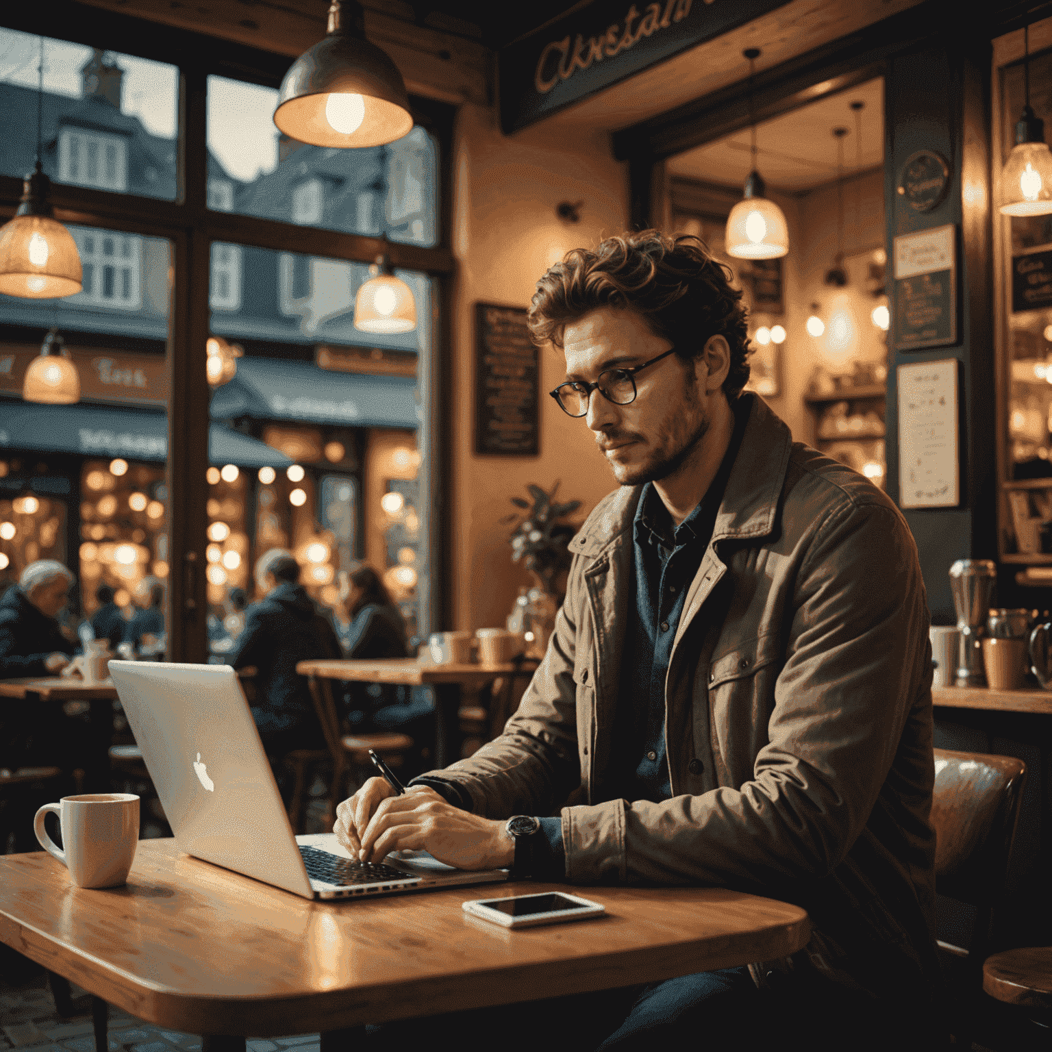 A writer sitting in a cozy cafe, using notsai on a laptop. The atmosphere is warm and inspiring.