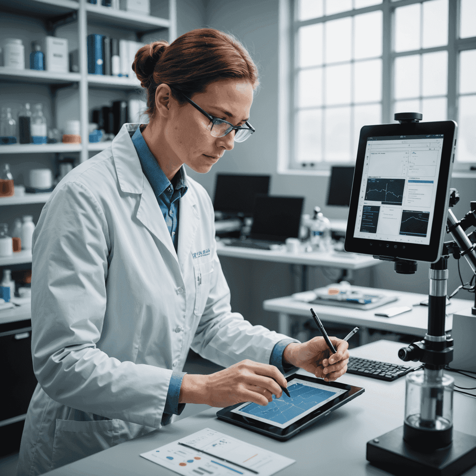 A researcher in a laboratory, using notsai on a tablet to record observations. The lab is filled with scientific equipment and charts.